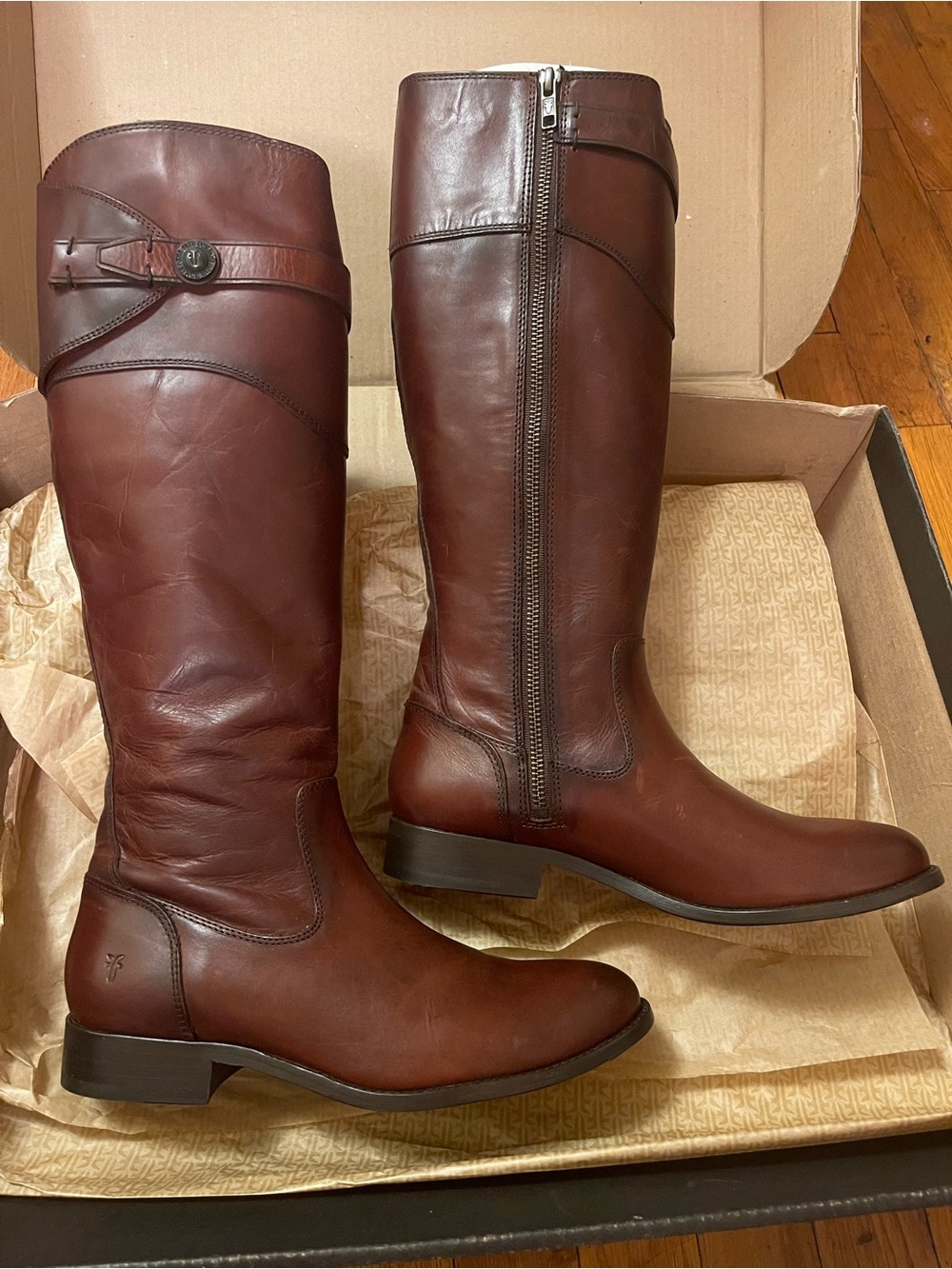 Frye Molly Button Tall Extended/Wide calf boots, Redwood size 8